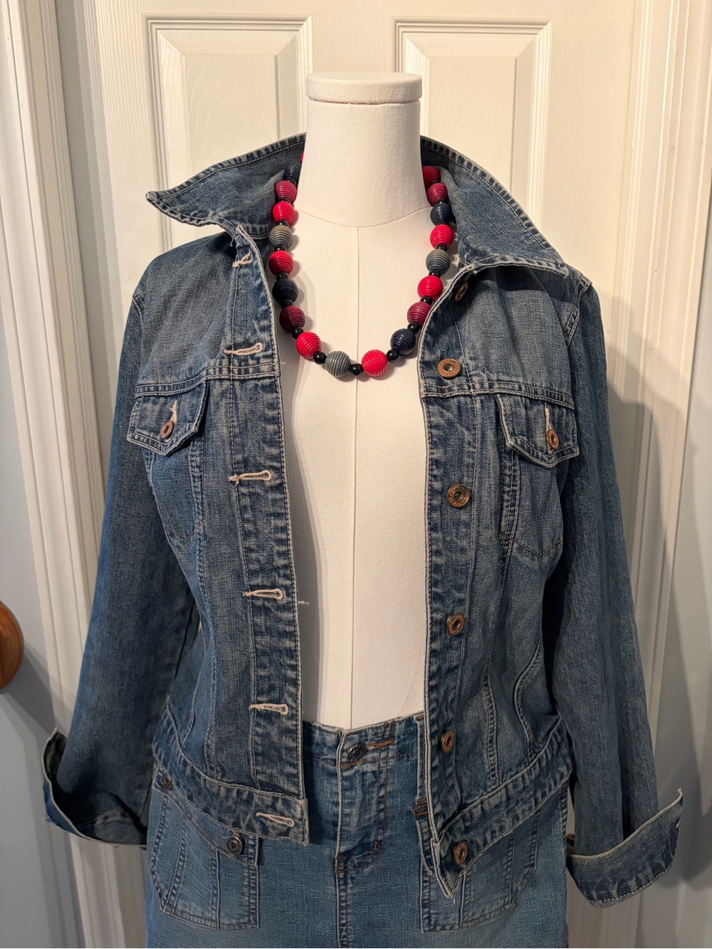 GAP Blue Denim Jean Jacket with Pink and Black Beaded Necklace